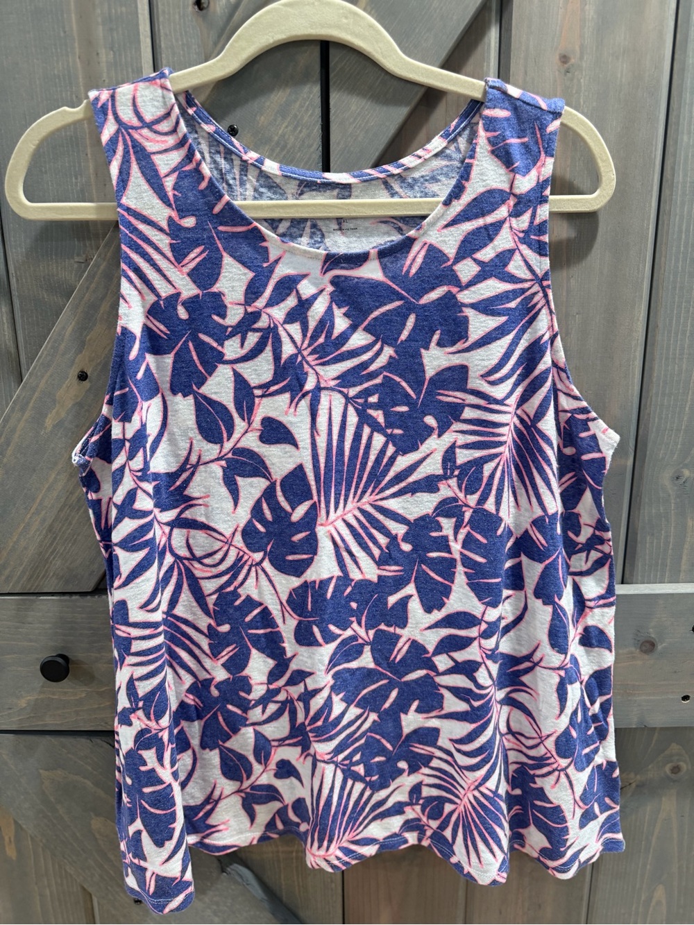 Stylus Women’s XL Tropical Leaf Print Linen Blend Sleeveless Tank Top Blue Pink